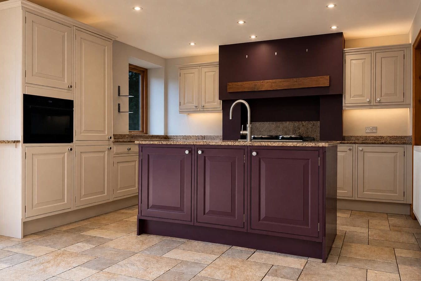 The same kitchen after respraying, with the perimeter units in Farrow & Ball Elephant's Breath and the island in Brinjal