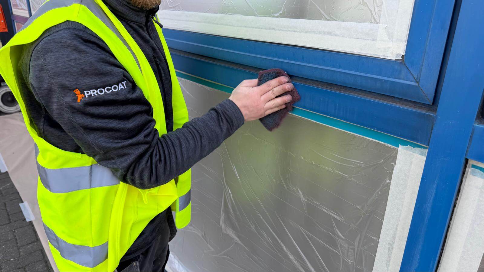 Worker prepping commercial windows